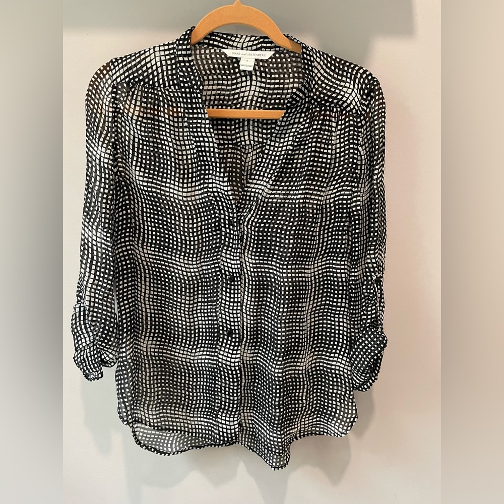 Diane Von Furstenberg black and white button down sheer blouse